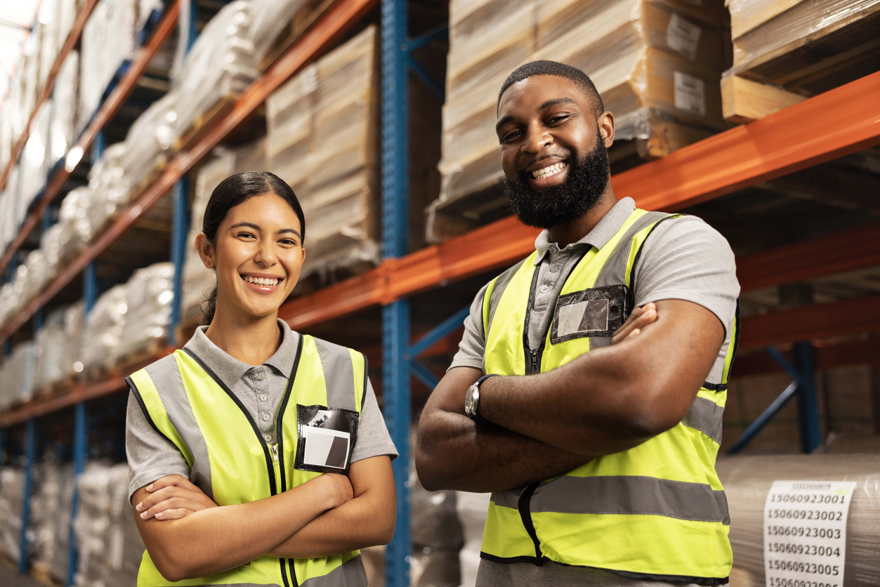 Confident employees with smiles and arms crossed in a successful logistics warehouse during peak season